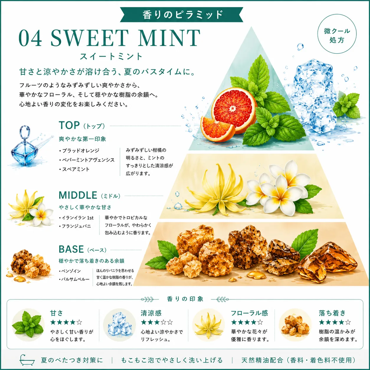 【夏季限定】【Healing BATH AROMA】NP ボディソープ04 SWEET MINT 270ml 香りのイメージ図