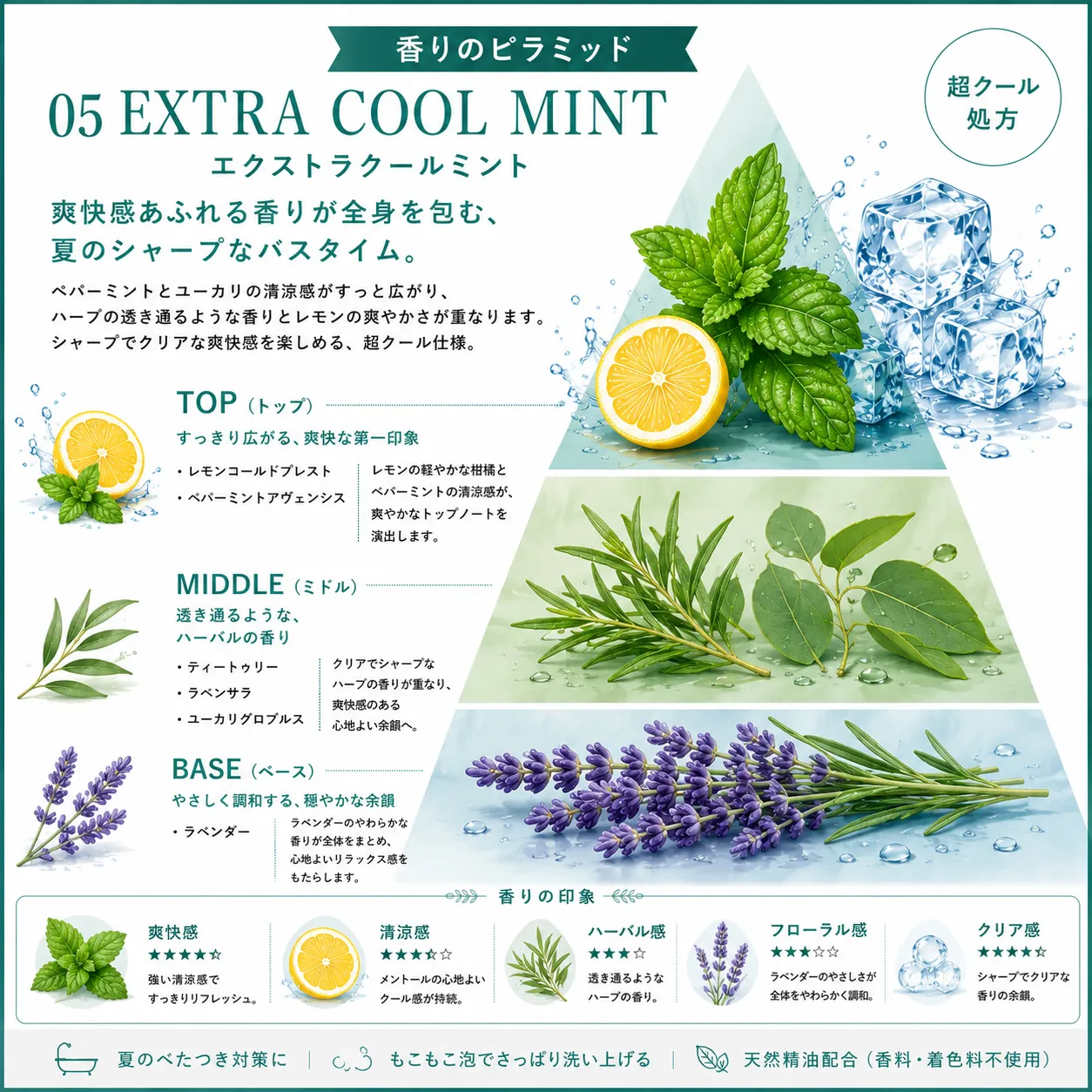 【夏季限定】【Healing BATH AROMA】NP ボディソープ05 EXTRA COOL MINT 270ml 香りのイメージ図